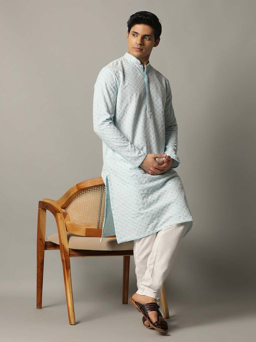 THE KURTA COMPANY Sky Blue Silk Blend Embroidered Kurta