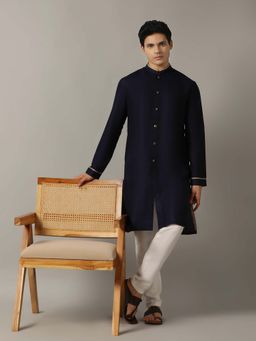 THE KURTA COMPANY - Blue Silk Blend Solid Regular Fit with Mandarin Collar Kurta