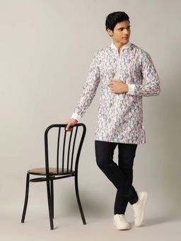 THE KURTA COMPANY - White Lilac Multi Silk Blend Printed Short Kurta