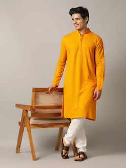 THE KURTA COMPANY - Yellow Rayon Embroidered Regular Fit with Mandarin Collar Kurta