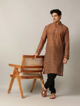 THE KURTA COMPANY - Grey and Red Silk Blend Printed Kurta