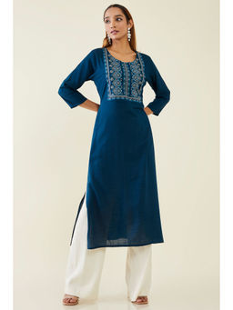 Soch - Women Navy Blue Rayon Embroidered Kurta