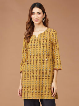 Fabindia - Mustard Cotton Dabu Printed Slim Fit Kurti