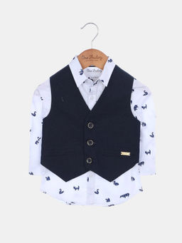 One Friday - Navy Blue Printed Shirt With Waistcoat
