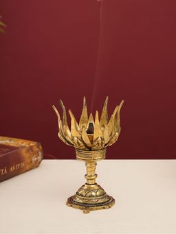 DecorTwist - Antique Brass Blooming Lotus Shaped Incense Burner