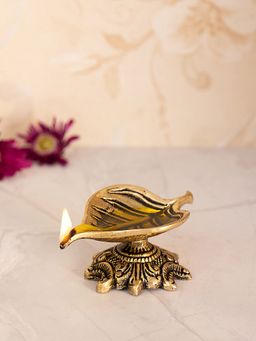 DecorTwist - Brass Peepal Leaf Deep Diya for Home Office Temple Mandir Pooja Room