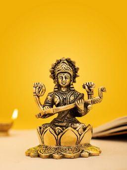 DecorTwist - Brass Goddess Saraswati On Lotus Idol-Statue