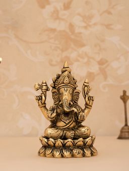 DecorTwist - Brass Handcrafted Sitting Ganesha On Lotus Idol-Statue
