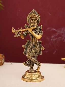 DecorTwist - Brass Handcrafted Lord Krishna with Flute Idol Statue