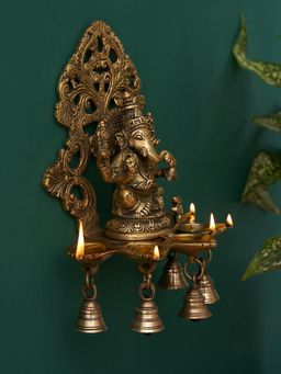 DecorTwist - Vignharta Brass Ganesha Wall Hanging With Diya And Bell