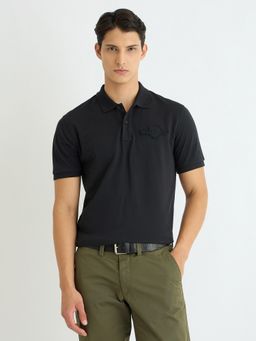 GANT - Men Black Collar Neck Short Sleeve Regular Fit Tonal Shield Polo T-Shirt