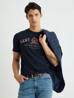 GANT - Men Navy Blue Round Neck Short Sleeve Regular Fit T-Shirt