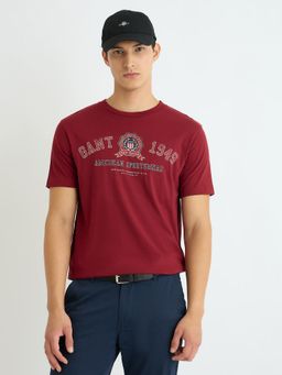 GANT - Men Maroon Round Neck Short Sleeve Regular Fit T-Shirt