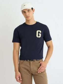 GANT - Men Navy Blue Solid Round Neck Short Sleeve Regular Fit G Badge T-Shirt