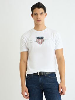 GANT - Men White Printed Round Neck Short Sleeve Regular Fit Archive Shield T-Shirt