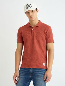 GANT - Men Rust Collar Neck Short Sleeve Regular Fit Textured Polo T-Shirt