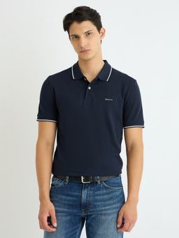 GANT - Men Navy Blue Solid Collar Neck Short Sleeve Regular Fit Polo T-Shirt