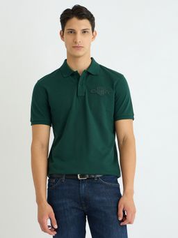 GANT - Men Green Collar Neck Short Sleeve Regular Fit Tonal Shield Polo T-Shirt