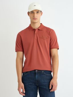 GANT - Men Rust Collar Neck Short Sleeve Regular Fit Tonal Shield Polo T-Shirt