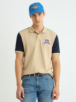 GANT - Men Beige Colorblock Collar Neck Short Sleeve Regular Fit Polo T-Shirt