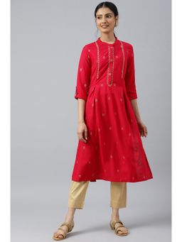W - Red Mettalic Embroidered Kurta With Pleats