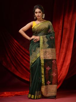 CHARUKRITI - Sacramento Green Linen Temple Borders & Woven Floral Motifs Saree with Unstitched Blouse