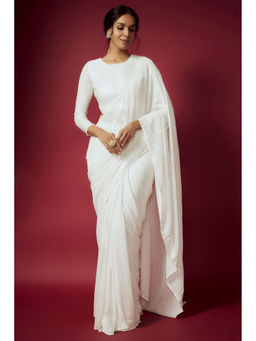 PHATAKAA - White Sequin Pre Draped Saree With Stitched Blouse