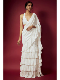 PHATAKAA - White Sequin Pre Draped Ruffle Saree With Sequin Blouse