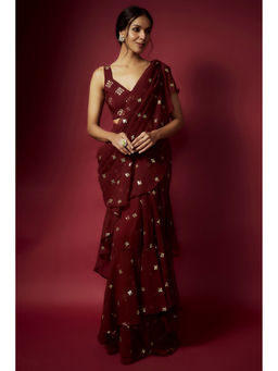 PHATAKAA - Maroon Sequin Pre Draped Saree with Stitched Blouse