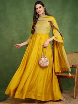 Vaamsi - Women Yellow Silk Blend Embroidered Straight Gown with Dupatta