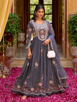 Vaamsi - Women Purple Silk Blend Embroidered Anarkali Gown with Dupatta