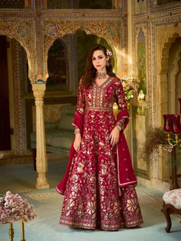 Vaamsi - Women Maroon Georgette Embroidered Anarkali Gown with Dupatta