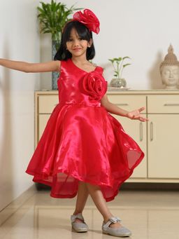 devils n angels - Girls Red Satin Self Design Dress with Hairband