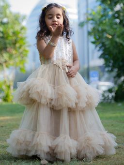 devils n angels - Girls Beige Net Embellished/Sequined Gown