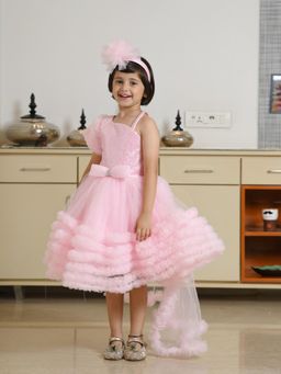 devils n angels - Girls Pink Net Embellished/Sequined Dress with Hairband
