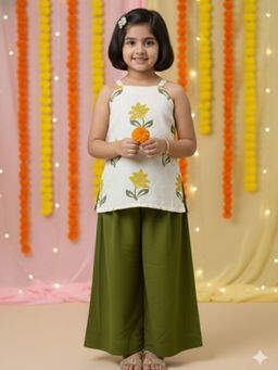 JILMIL - Girls White Silk Blend Floral Top with Palazzo