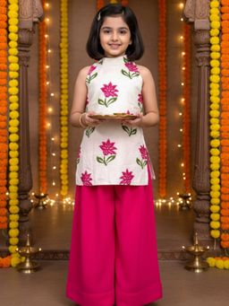 JILMIL - Girls White Silk Blend Floral Top with Palazzo