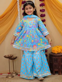 JILMIL - Girls Blue Cotton Floral Anarkali with Sharara with Dupatta