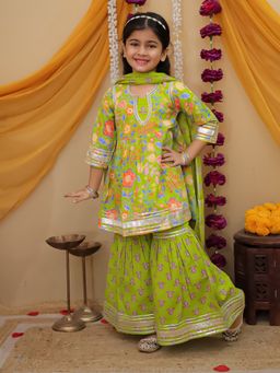 JILMIL - Girls Green Cotton Floral Anarkali with Sharara with Dupatta