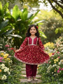 JILMIL - Girls Red Cotton Printed Anarkali with Pant