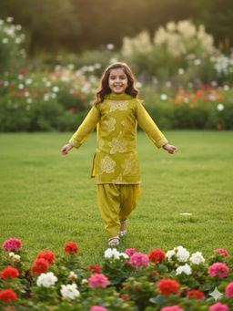 JILMIL - Girls Yellow Cotton Printed Kurta with Salwar and Dupatta
