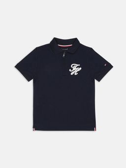 Tommy Hilfiger - Boys Navy Blue Cotton Typography Polo T-Shirt