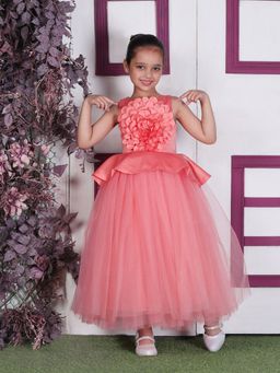 Toy Balloon Kids - Girls Peach Polyester Self Design Gown