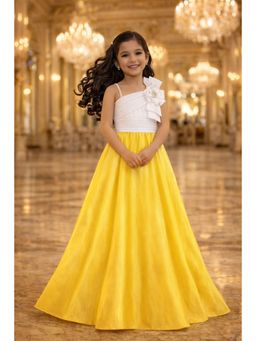 devils n angels - Girls Yellow Satin Self Design Gown