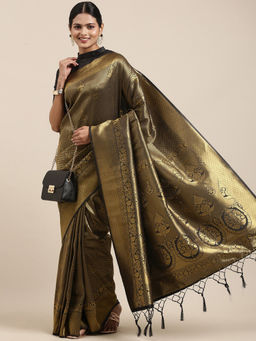 Akhilam - Black Festive Silk Blend Woven Design Saree With Unstitched Blouse