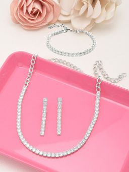 Zaveri Pearls - Silver Tone Dazzling Cubic Zirconia Necklace Earring and Bracelet Set-ZPFK12582