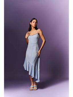 EMBLAZE - Light Blue Assymetrical Hemline with Ruffle Long Dress