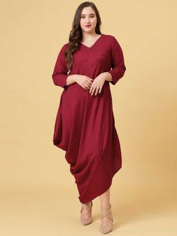 Curvy Lane - Plus Size Asymmetric Maxi Maroon Dress