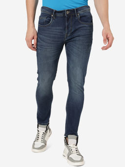 JadeBlue - Mens Cotton Stretch Solid Tinted Mid Navy Blue Slim Fit Jeans