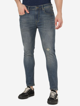 JadeBlue - Mens Cotton Stretch Solid Tinted Mid Blue Slim Fit Jeans